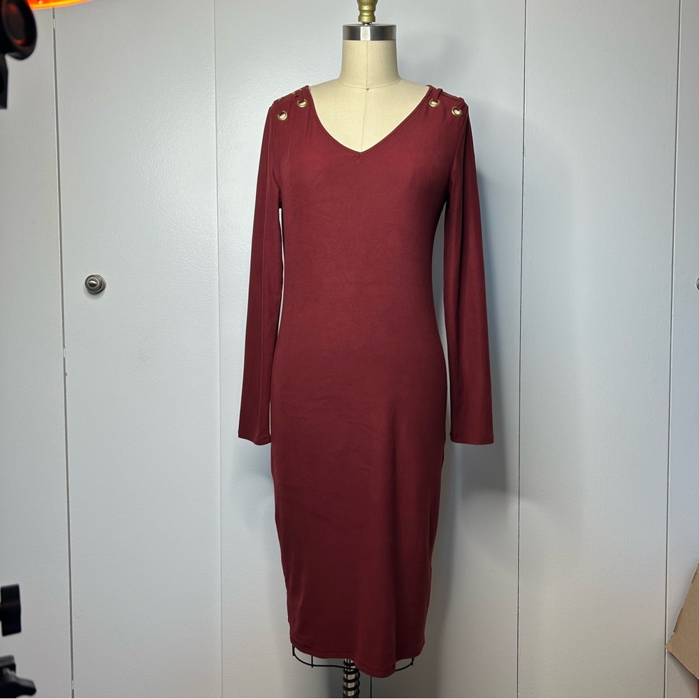 NWT Planet Gold Maroon V-Neck Bodycon Dress